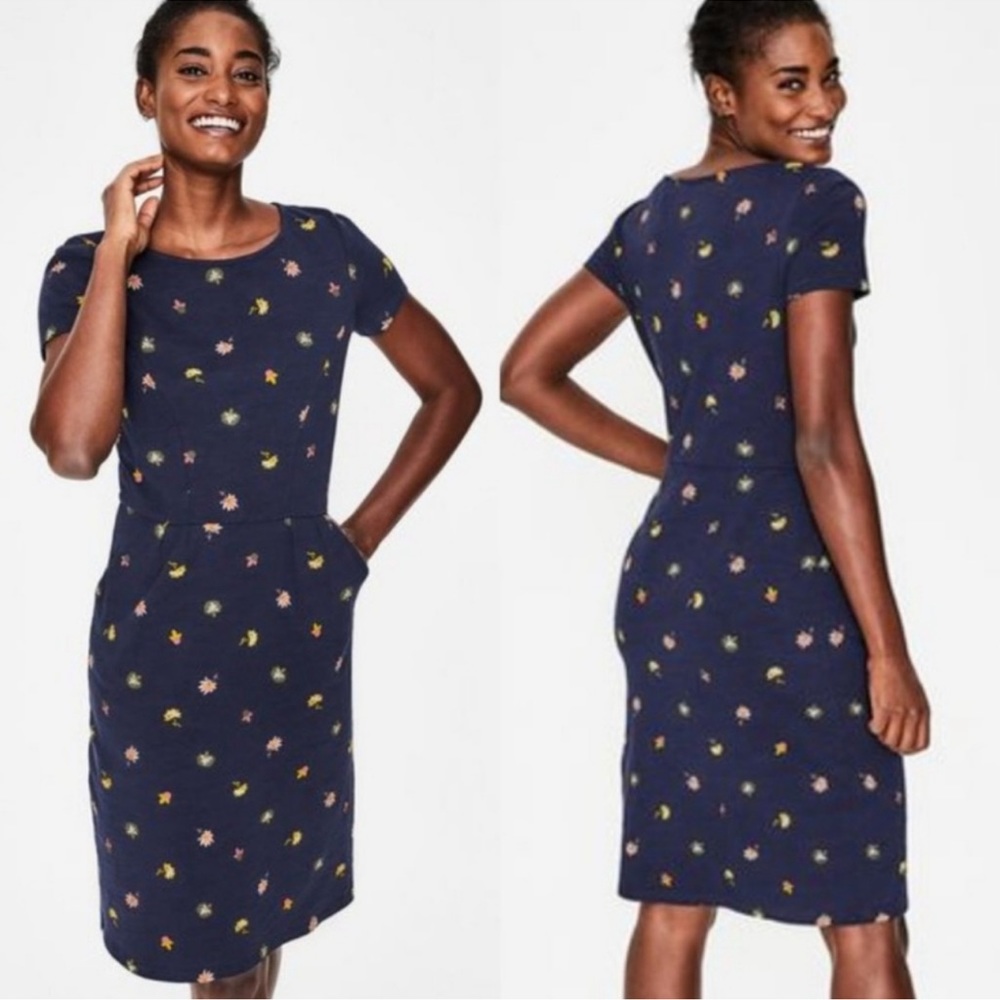 Boden Phoebe navy blue floral print cotton knit sheath dress, size